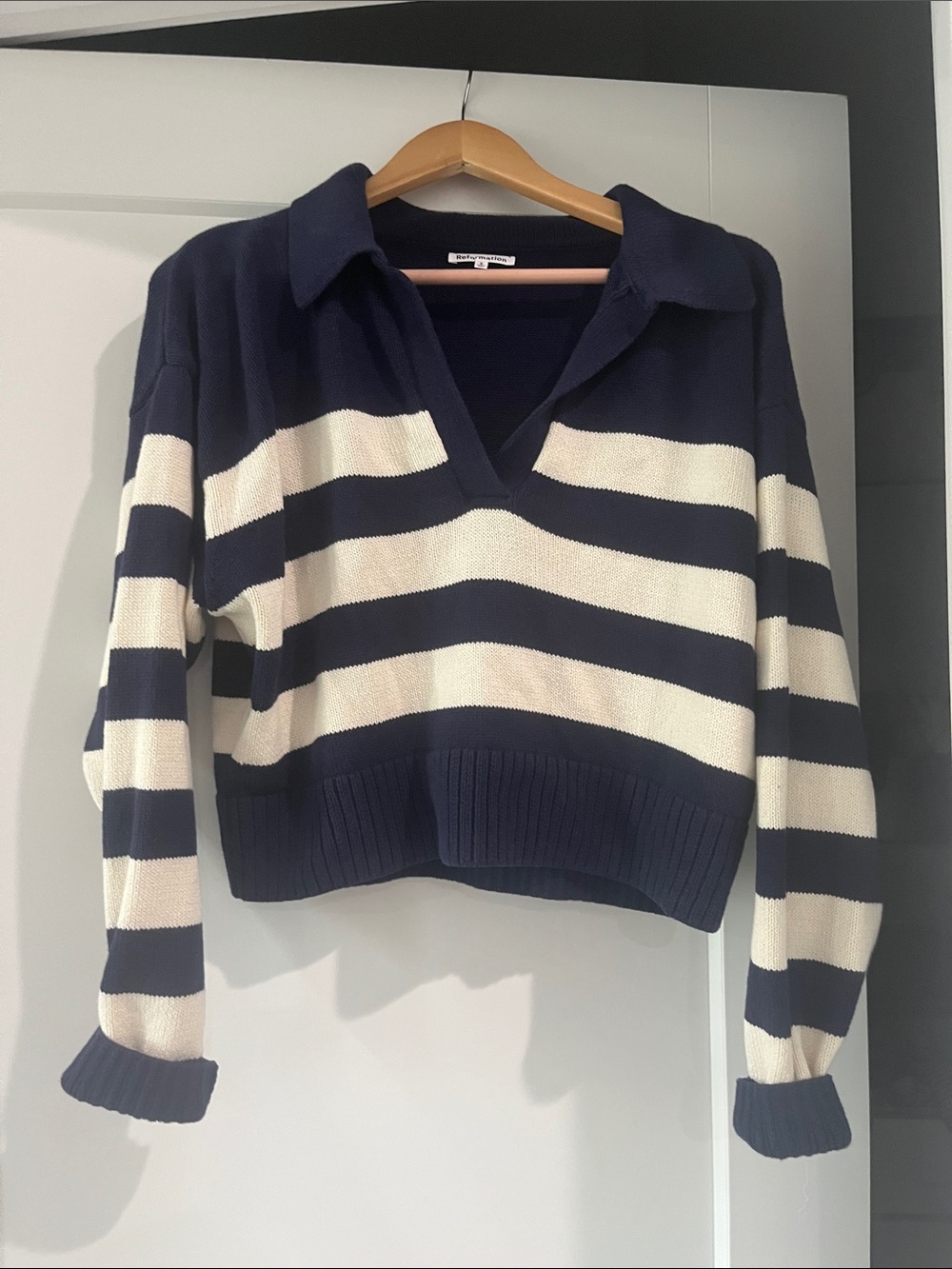 Striped Polo Collar Sweater - Navy & Cream